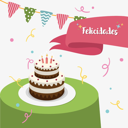 Happy birthday party spanish greeting card with cake and candles. Vector illustrationのイラスト素材