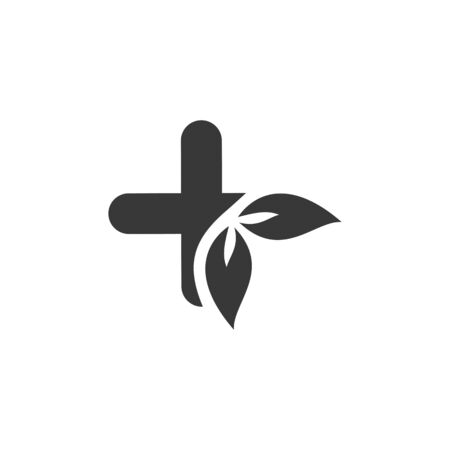 Pharmacy cross with leaves. Isolated image. Flat pharmacy vector illustrationのイラスト素材