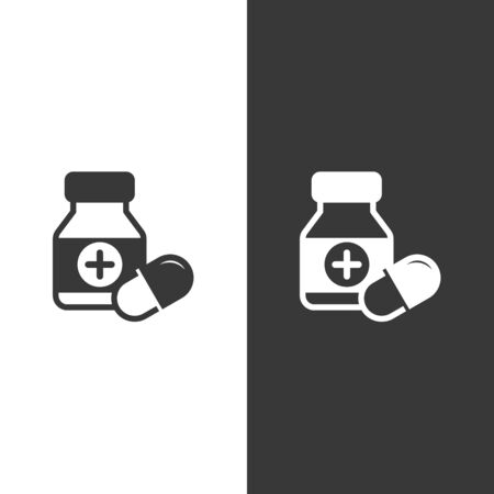 Capsules bottle icon on black and white background. Flat vector pharmacy illustrationのイラスト素材