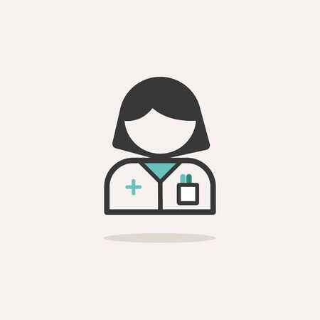 Pharmacist woman. Icon with shadow on a beige background. Pharmacy flat vector illustrationのイラスト素材