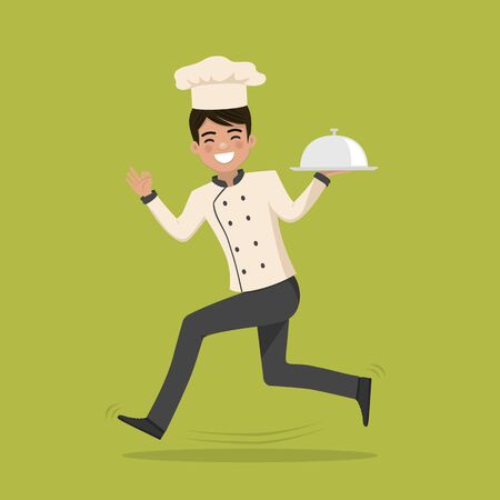 Man cook running with platter. Flat vector illustrationのイラスト素材