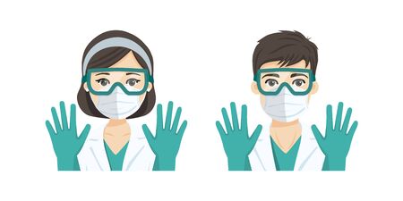 Young male and female doctor wearing the n95 respiratory protection mask, against infectives diseases. Flat vector illustrationのイラスト素材