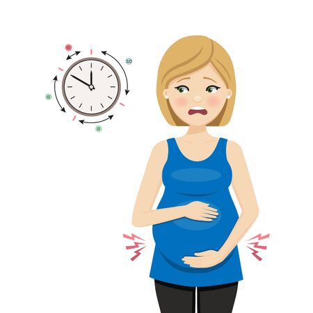 Pregnant woman in labor measuring contractions. Isolated vector illustrationのイラスト素材