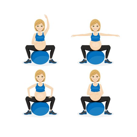 Set of young beautiful pregnancy woman on ball. Fitness healthy lifestyle. Prenatal exercise. Isolated vector illustrationのイラスト素材