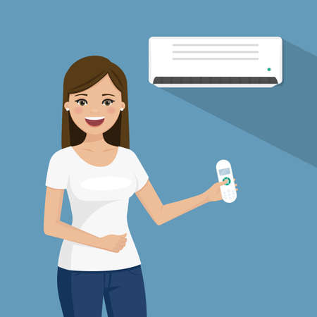 Woman enjoying the coolness of air conditioning. People vector illustrationのイラスト素材