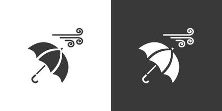 Umbrella and heavy wind. Isolated icon on black and white background. Weather glyph vector illustrationのイラスト素材