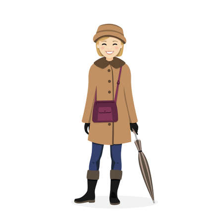 Woman with close umbrella and autumn wear. Isolated vector illustrationのイラスト素材