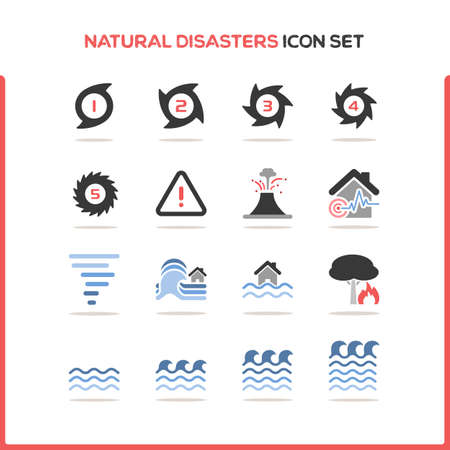 Illustrazione per Natural disasters icon set. Color icon set with round shadow. Glyph vector illustration - Immagini Royalty Free