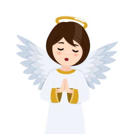 Foreground praying angel in heaven on a white background. Isolated flat vector illustrationのイラスト素材