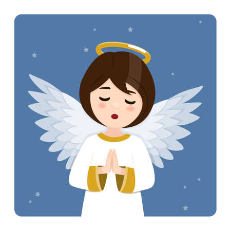 Foreground praying angel on blue sky and stars background. Flat vector illustrationのイラスト素材