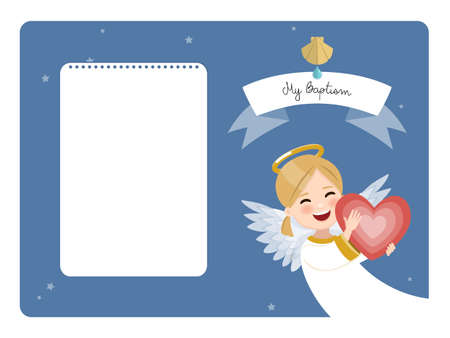 Happy angel with red heart. Baptism horizontal invitation on blue sky and stars background. Flat vector illustrationのイラスト素材