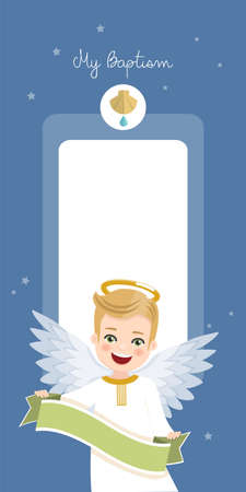 Angel with ribbon. Baptism vertical invitation on blue sky and stars invitation. Flat vector illustrationのイラスト素材