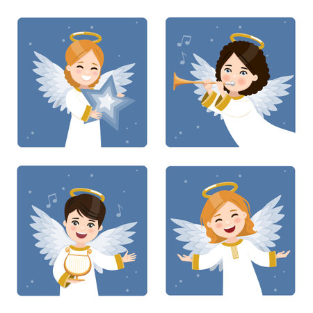 Four cute angels set on a dark sky with stars background. Flat vector illustrationのイラスト素材