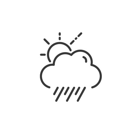 Rain, cloud and sun thin line icon. Isolated outline weather vector illustrationのイラスト素材