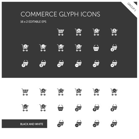 Commerce. Shopping cart and basket group. Store web. Isolated icon set on black and white background. Glyph vector illustrationのイラスト素材