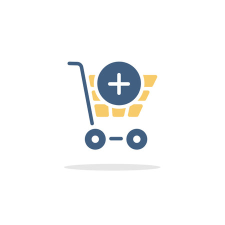Shopping cart. Add product. Color icon with shadow. Commerce glyph vector illustrationのイラスト素材