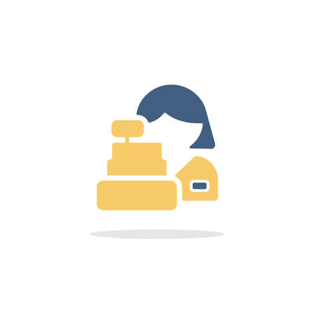 Female supermarket cashier. Woman and a cash register. Color icon with shadow. Commerce glyph vector illustrationのイラスト素材