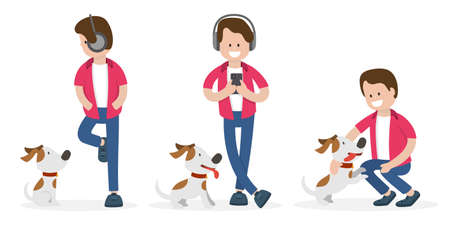 Young man and a dog in different poses. Isolated people vector illustration