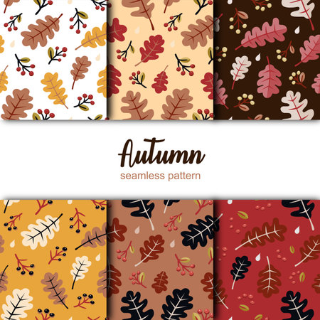 Autumn seamless pattern set. Leaves design in different colors background. Flat colorful vector illustrationのイラスト素材