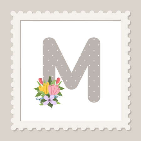 Letter M with flowers. Floral alphabet font uppercase. vector illustrationのイラスト素材