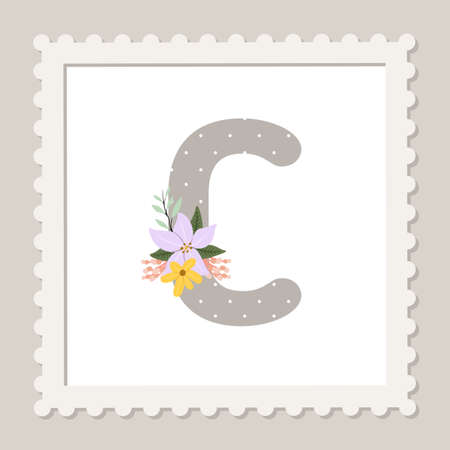 Letter C with flowers. Floral alphabet font uppercase. vector illustrationのイラスト素材