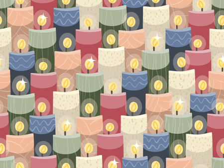 Candles seamless pattern in different colors and details. Christmas or religion worship. vector illustrationのイラスト素材