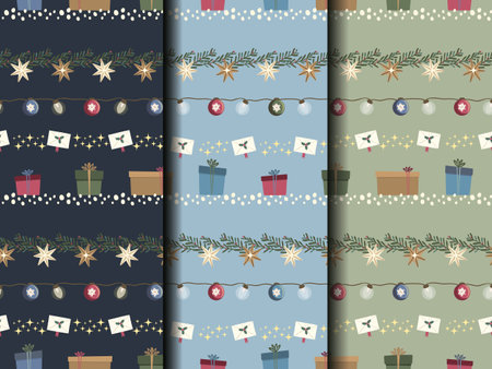 Christmas seamless pattern set with gifts, stars, plants, lights and snowflake. vector illustrationのイラスト素材