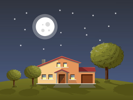 Detached home at night. Single family house with garden. vector illustrationのイラスト素材