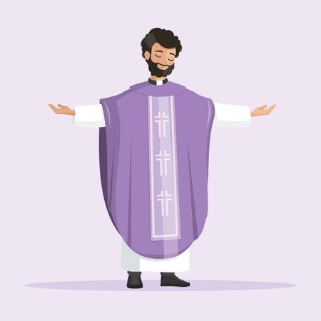 Young priest with purple chasuble praying with outstretched arms. vector illustrationのイラスト素材