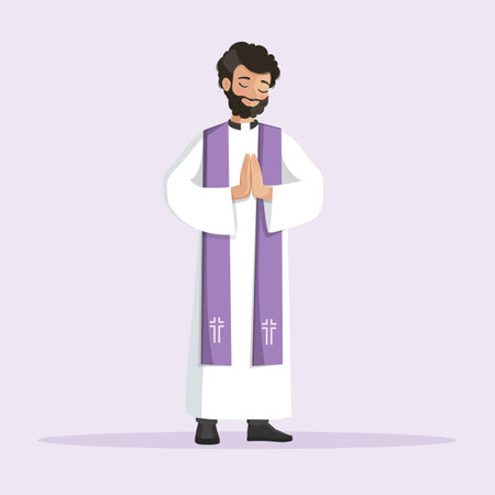 Young priest praying with hands together and dressed with alb and purple stole. vector illustrationのイラスト素材