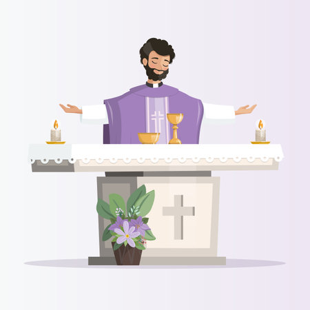 Priest behind the altar with purple chasuble celebrating the eucharist. vector illustrationのイラスト素材