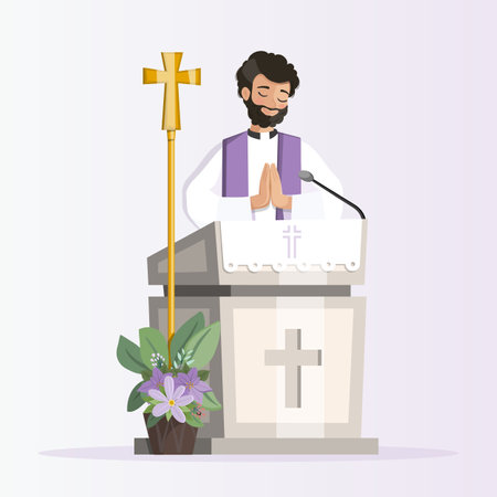 Priest behind church lectern with purple stole preaching during the mass. vector illustrationのイラスト素材