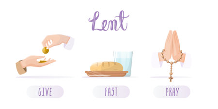Lent season concepts set. Alms giving, fasting and prayer. vector illustrationのイラスト素材