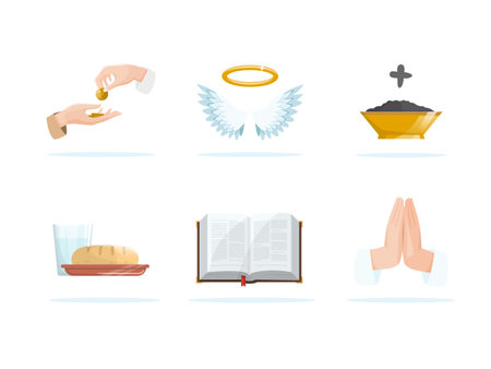 Lent season concepts set. Almsgiving, angel, ash wednesday, fasting, holy bible and prayer. vector illustrationのイラスト素材