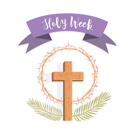 Holy Week. The cross, crown of thorns and palm branches on a white background. vector illustrationのイラスト素材