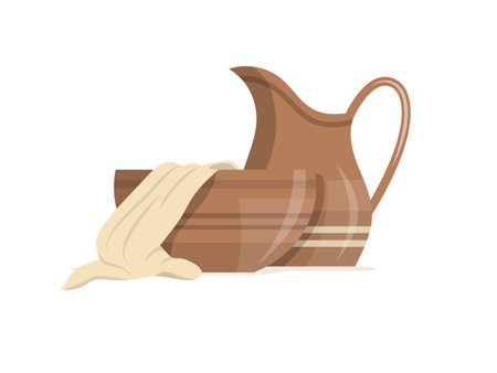 Basin, towel and clay jug with handle. The washing of the feet symbols. vector illustrationのイラスト素材