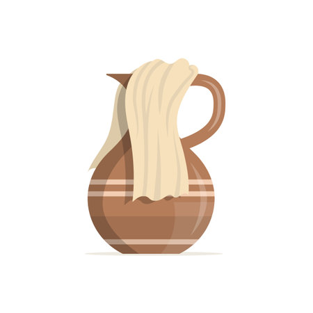 Old clay jug with handle and a towel. Rustic pottery. The washing of the feet. vector illustrationのイラスト素材