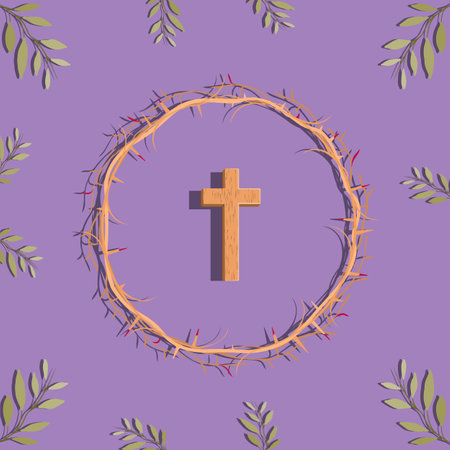 Palm Sunday. Palm tree leaves, crown of thorns and cross background. vector illustrationのイラスト素材