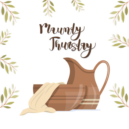 Maundy Thursday banner with Basin, towel and clay jug with handle. vector illustrationのイラスト素材