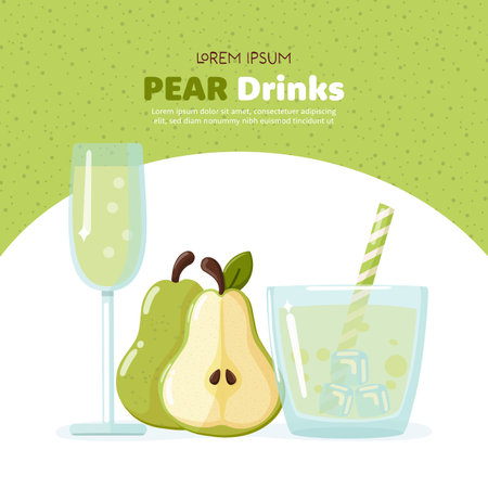 Set of pear, half of pear, cider glass and glass with ices. vector illustrationのイラスト素材