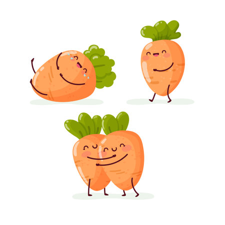 Set of funny carrot that laugh, walk and hug. Isolated vector illustrationのイラスト素材