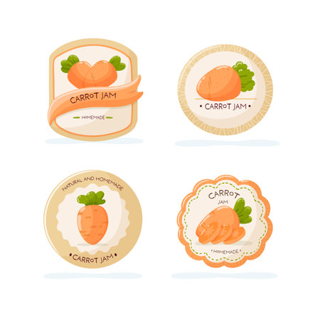 Set of labels for carrot jam packaging. Isolated vector illustrationのイラスト素材