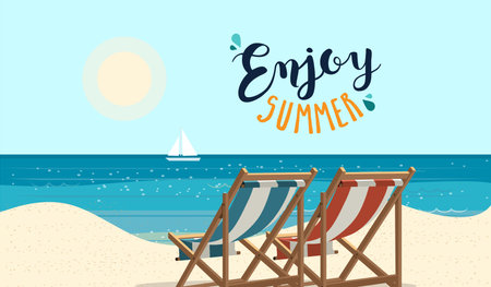 Beach background with beach loungers on the sand. Summer banner vector illustrationのイラスト素材