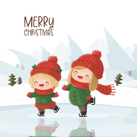 Two children have fun skating on ice together on ice and a snowy landscape. vector illustrationのイラスト素材