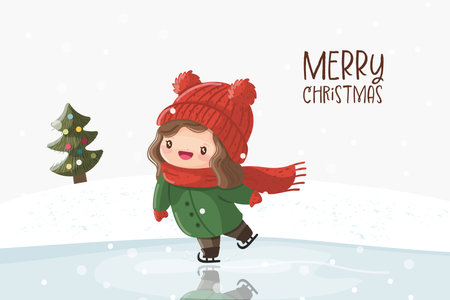 Girl skating on ice at Christmas and a snowy landscape. vector illustrationのイラスト素材