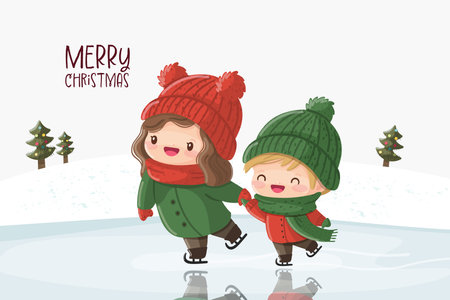 Two children skating on ice and snowy landscape. vector illustrationのイラスト素材