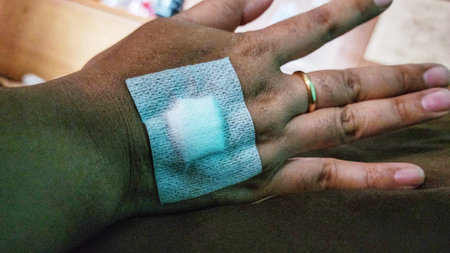 Hands of a patient with a bandage on his arm.