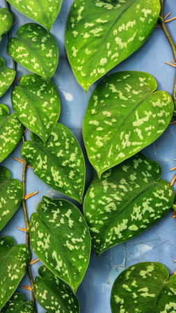 Green leaves on a blue background. Flat lay, top view.の写真素材