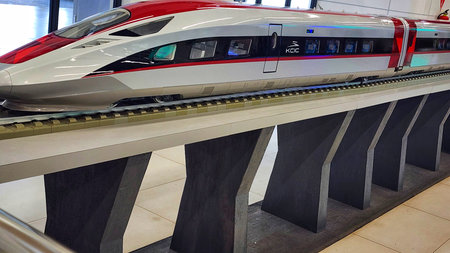 Modern high-speed train in Kuala Lumpur International Airport.