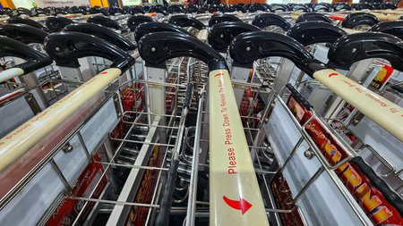 a row of shopping carts with handles and handles